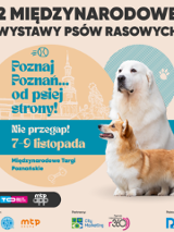 Sylwetki dwóch psów, dużego białego i średniego brązowo-białego, a także elementy graficzne związane z Poznaniem. Szczegóły na temat wydarzenia zawarte w treści artykułu.