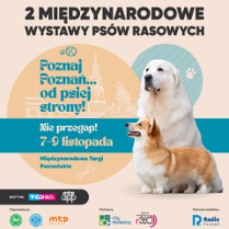 Sylwetki dwóch psów, dużego białego i średniego brązowo-białego, a także elementy graficzne związane z Poznaniem. Szczegóły na temat wydarzenia zawarte w treści artykułu.