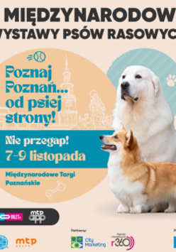 Sylwetki dwóch psów, dużego białego i średniego brązowo-białego, a także elementy graficzne związane z Poznaniem. Szczegóły na temat wydarzenia zawarte w treści artykułu.