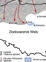 Kontur mapy Polski. Rysunek przedstawiający drogę lodowca na terenach Polski z czerwonymi strzałkami. Wyróżniony lądolód, kierunek oraz jeziora proglacjalne.