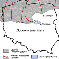 Kontur mapy Polski. Rysunek przedstawiający drogę lodowca na terenach Polski z czerwonymi strzałkami. Wyróżniony lądolód, kierunek oraz jeziora proglacjalne.