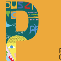 Na pomarańczowym tle tytuł wydarzenia, po lewej stronie duża, kolorowa litera P.