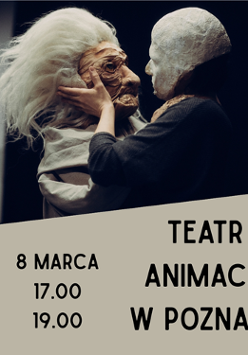 Aktor mający twarz pomalowaną na biało trzyma w dłoniach maskę - twarz starej kobiety z siwymi włosami. Pod zdjęciem informacje o wydarzeniu.