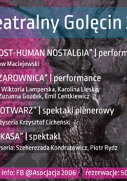 Plakat z informacjami na temat wydarzeń w ramach festiwalu Teatralny Golęcin, Bordowo-szaro-zielone tło.