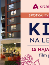 Plakat informujący o wydarzeniu "Kino na lezakach". Najbliższy seans 15 maja o godzinie 20:30 pod Wieżą Jeżyce.