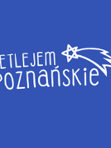 Logo Betlejem Poznańskie. Biały napis i gwiazda betlejemska na niebieskim tle.
