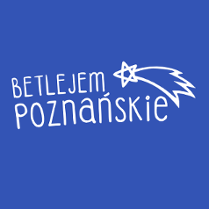 Logo Betlejem Poznańskie. Biały napis i gwiazda betlejemska na niebieskim tle.