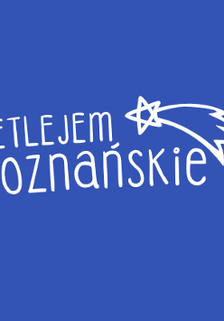 Logo Betlejem Poznańskie. Biały napis i gwiazda betlejemska na niebieskim tle.
