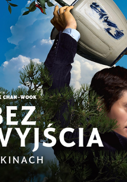 Kolorowy plakat. Mężczyzna w marynarce unosi nad głową doniczkę, którą zaraz ciśnie o ziemię. W tle niebo.