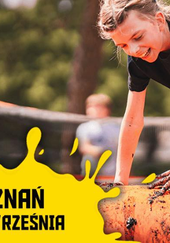 Plakat promujący wydarzenie. Dziewczynka przeskakuje przez przeszkodę.