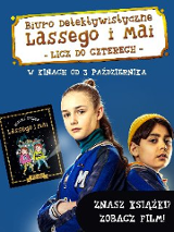 Plakat filmu Biuro Detektywistyczne Lassego i Mai, Licz do czterech. Na plakacie zdjęcie dwójki dzieci i książka wydawnictwa Zakamarki.