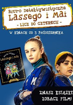 Plakat filmu Biuro Detektywistyczne Lassego i Mai, Licz do czterech. Na plakacie zdjęcie dwójki dzieci i książka wydawnictwa Zakamarki.