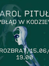 Rysunkowe przedstawienie humanoidalnego robota, informacje o premierze tomiku poezji pod tytułem Błąd w kodzie.