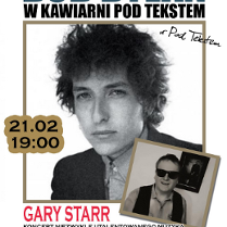 Plakat, który promuje koncert z muzyką Boba Dylana, zdjęcia artystów, napisy informaujące o wydarzeniu.