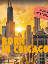Zachodzące słońce rozświetla szklane wieżowce Chicago, na obrazku informacje o koncercie inspirowanym muzyką tego miasta.