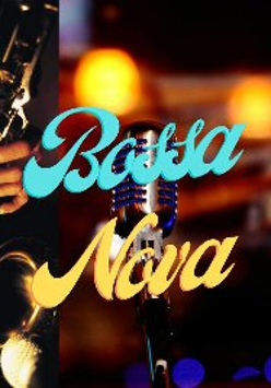 Zdjęcie mikrofonu i saksofonu w klimatycznym świetle, na zdjęciu napis Bossa Nova.