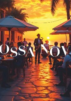 Zdjęcie nadmorskiej uliczki, w tle zachodzące słońce, ludzie siedzą przy stolikach pod parasolami, między nimi stoi artysta grający na saksofonie.