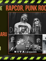 Plakat koncertowy z informacjami o wydarzeniu muzycznym: rapcore, punk rock i grunge; zespoły Drudes, Nita i Przyjaciele oraz Budynek C, koncert 7 lutego 2026 w Poznaniu.