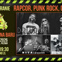 Plakat koncertowy z informacjami o wydarzeniu muzycznym: rapcore, punk rock i grunge; zespoły Drudes, Nita i Przyjaciele oraz Budynek C, koncert 7 lutego 2026 w Poznaniu.