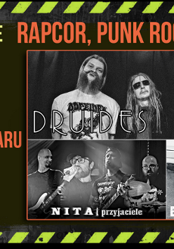 Plakat koncertowy z informacjami o wydarzeniu muzycznym: rapcore, punk rock i grunge; zespoły Drudes, Nita i Przyjaciele oraz Budynek C, koncert 7 lutego 2026 w Poznaniu.