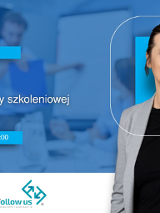 Grafika promocyjna szkolenia. Na zdjęciu trenerka. W tle spotkanie w biurze.