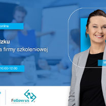 Grafika promocyjna szkolenia. Na zdjęciu trenerka. W tle spotkanie w biurze.