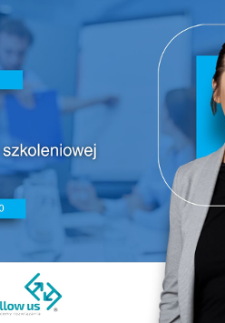 Grafika promocyjna szkolenia. Na zdjęciu trenerka. W tle spotkanie w biurze.
