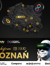 Plakat, na czarnym tle, szare kontury Polski, na których zaznaczono kilk miasta i połączenia między nimi.