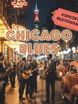 "Chicago Blues. Koncert biletowany." Ulica w Chicagom prawdopodobnie w latach pięćdziesiątych dwudziestego wieku. Czterech czarnych mężczyzn z gitarami gra bluesa.