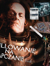 Fantastyczna postać komandosa w tle. Na grafice projekty gry planszowej.