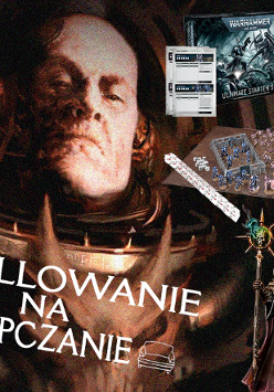 Fantastyczna postać komandosa w tle. Na grafice projekty gry planszowej.