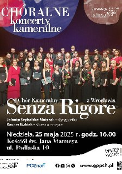 Plakat, reklamujący występ chóru kamerlnego Senza Rigore. Zdjęcie chóru a na nim napisy, które informują o wydarzeniu.