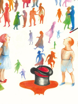 Rysunek dziewczynki i chłopca, którzy stoją przy cylindrze. Z cylinda za pomocą magicznej różdżki wychodzą kolorowe postacie ludzi. Pod spodem czarno-pomarańczowo-zielony napis "Cinema Italia Oggi 2025".