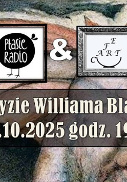 W tle obraz mężczyzny z demonicznymi skrzydłami. Na nim na półprzezroczystym czarnym tle napis "Co gryzie Williama Blake'a? 03.10.2025 godz 19:00".