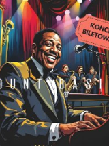 Czarnoskóry mężczyzna w garniturze siedzi przy fortepianie. Na środku napis "Count Basie".