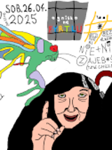 Rysunkowa forma plakatu, który reklamuje spotkanie Cybernostalgiczny Klub Dyskusyjny. W centralnej części postać zgarbionej postaci w kapturze z laską, nad nią kolorowy owad. Dookoła ręcznie pisane informacje dotyczące wydarzenia.