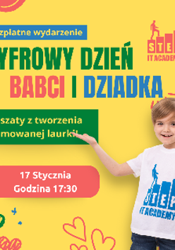 Mały chłopiec w białej koszulce i jeansach wskazuje na plakat informacyjny. Szczegóły wydarzenia powtórzone w opisie.