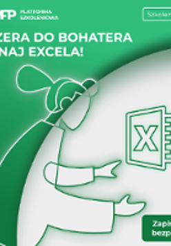 Obrazek promuje cykl szkoleń z programu Microsoft Excel. Znajduje się na nim logo tego programu, stylizowany wizerunek sylwetki ludzkiej sięgającej w kierunku owego logo, a także informacje o samych szkoleniach. Obrazek utrzymany jest w kolorach białym i ciemnozielonym, charakterystycznym dla programu Excel.