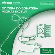 Obrazek promuje cykl szkoleń z programu Microsoft Excel. Znajduje się na nim logo tego programu, stylizowany wizerunek sylwetki ludzkiej sięgającej w kierunku owego logo, a także informacje o samych szkoleniach. Obrazek utrzymany jest w kolorach białym i ciemnozielonym, charakterystycznym dla programu Excel.