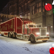 Rozświetlona, czerwona ciężarówka z logiem Coca Cola. Na boku rysunek świętego Mikołaja.
