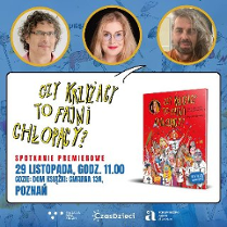 Grafika promująca premierowe spotkanie książki "Czy Krzyżacy to fajni chłopacy?". Po lewej stronie znajduje się tytuł w żółtym kolorze na jasnym tle, poniżej szczegóły wydarzenia: 29 listopada, godz. 11.00, Dom Książki, Gwarna 13A, Poznań. Po prawej stronie widoczna jest okładka książki w czerwonej tonacji z ilustracjami postaci w średniowiecznych strojach. Na dole znajdują się logotypy organizatorów i partnerów: CzasDzieci oraz inne instytucje.