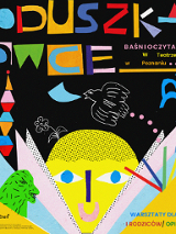 Kolorowy rysunek: żółta, uśmiechnięta buzia wystająca zza kartek książki oraz inne elementy takie jak wieża z klocków, lecący ptak, niebieska palma. Na górze obrazka tytuł cyklu "Poduszkowce".