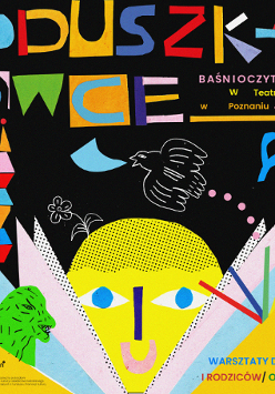 Kolorowy rysunek: żółta, uśmiechnięta buzia wystająca zza kartek książki oraz inne elementy takie jak wieża z klocków, lecący ptak, niebieska palma. Na górze obrazka tytuł cyklu "Poduszkowce".