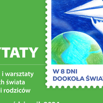 Baner, na zielonym tle białe napisy, w prawym górnym roku duży znaczek z obrazkiem kuli ziemnskiej i ręką trzymającą papierowy samolocik.