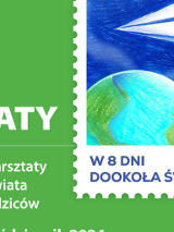 Baner, na zielonym tle białe napisy, w prawym górnym roku duży znaczek z obrazkiem kuli ziemnskiej i ręką trzymającą papierowy samolocik.