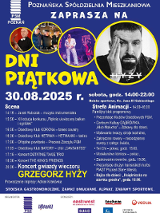 Granatowy plakat z harmonogramem Dni Piątkowa. Na górze kilka zdjęć występujących artystów. Szczegoły w treści artykułu.