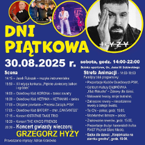 Granatowy plakat z harmonogramem Dni Piątkowa. Na górze kilka zdjęć występujących artystów. Szczegoły w treści artykułu.