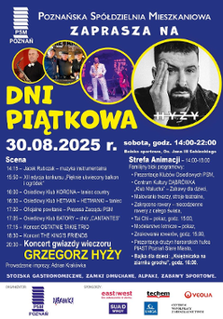 Granatowy plakat z harmonogramem Dni Piątkowa. Na górze kilka zdjęć występujących artystów. Szczegoły w treści artykułu.