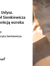 Popiersie kobiety, obok informacje o wystawie dla osób z dysfunkcją wzroku.