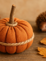 Dekoracja dynii zrobionej z materiału i gałęzi. W tle drewniany jeżyk, szyszki i liście.